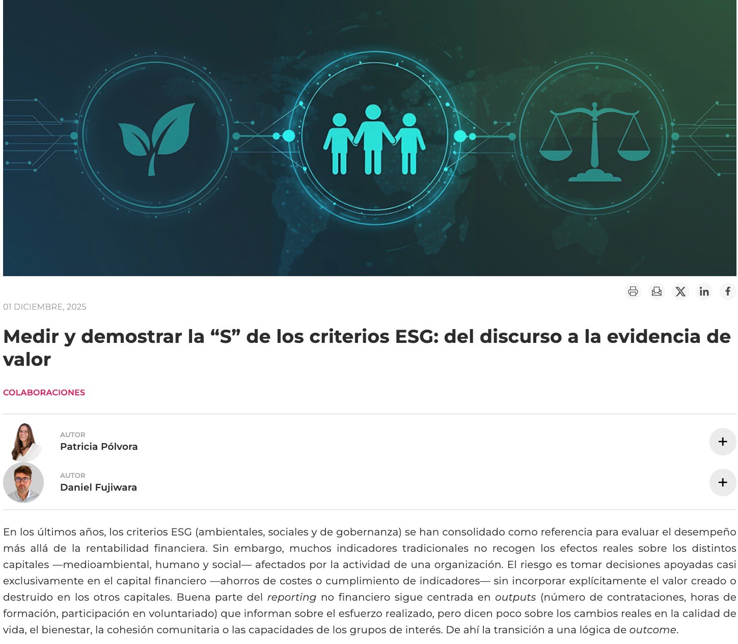 Imagen destacada del artículo Medir y demostrar la S de los criterios ESG, firmado por Patricia Pólvora y Daniel Fujiwara
